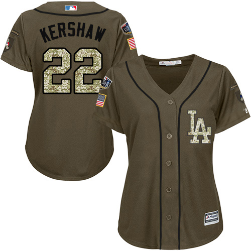 Authentic Women's Clayton Kershaw Green Jersey - #22 Baseball Los Angeles Dodgers 2018 World Series Salute to Service