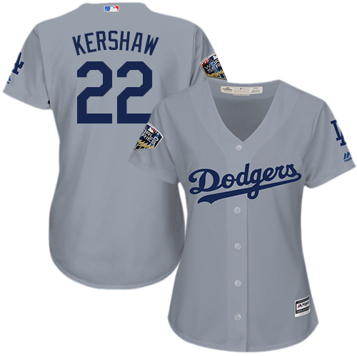 Authentic Women's Clayton Kershaw Grey Road Jersey - #22 Baseball Los Angeles Dodgers 2018 World Series Cool Base