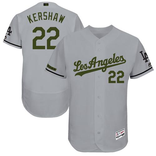 Men's Los Angeles Dodgers #22 Clayton Kershaw Grey Memorial Day Authentic Collection Flex Base Baseball Jersey