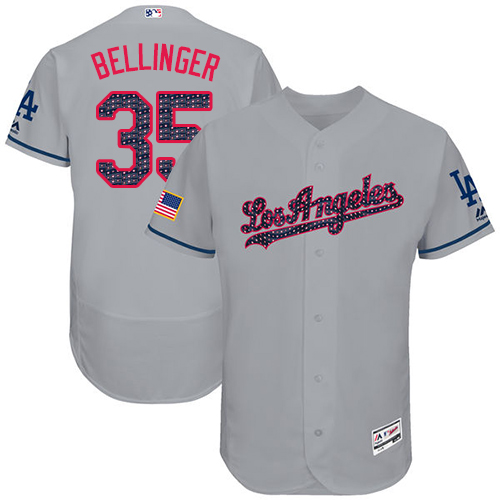 Men's Los Angeles Dodgers #35 Cody Bellinger Authentic Grey Stars & Stripes Authentic Collection Flex Base Baseball Jersey