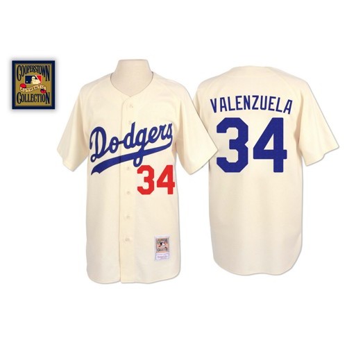 Men's Los Angeles Dodgers #34 Fernando Valenzuela Authentic Cream Throwback Baseball Jersey