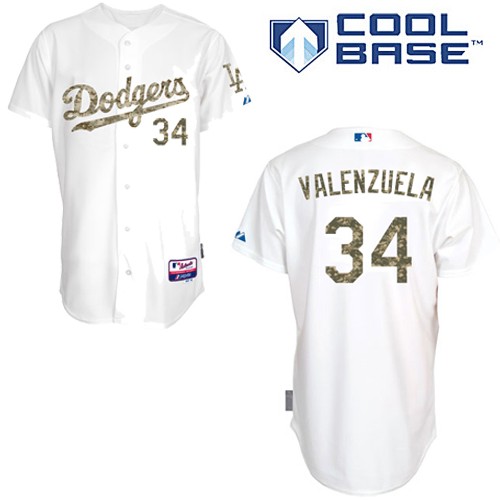 Men's Los Angeles Dodgers #34 Fernando Valenzuela Authentic White USMC Cool Base Baseball Jersey
