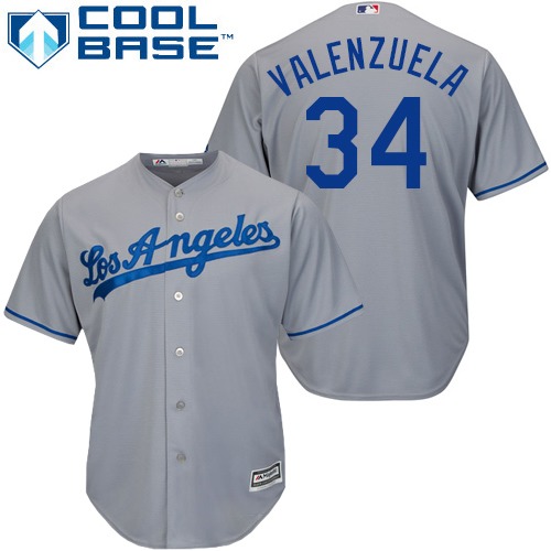 Men's Los Angeles Dodgers #34 Fernando Valenzuela Replica Grey Road Cool Base Baseball Jersey