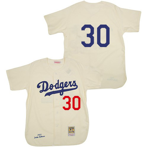 Men's 1955 Los Angeles Dodgers #30 Maury Wills Replica Cream Throwback Baseball Jersey