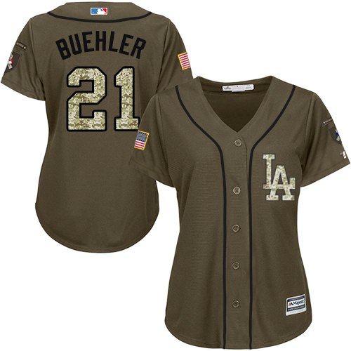 Authentic Women's Walker Buehler Green Jersey - #21 Baseball Los Angeles Dodgers Salute to Service