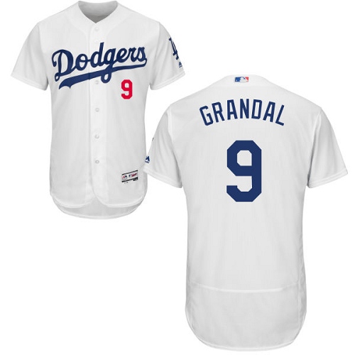 Men's Los Angeles Dodgers #9 Yasmani Grandal White Home Flex Base Authentic Collection Baseball Jersey